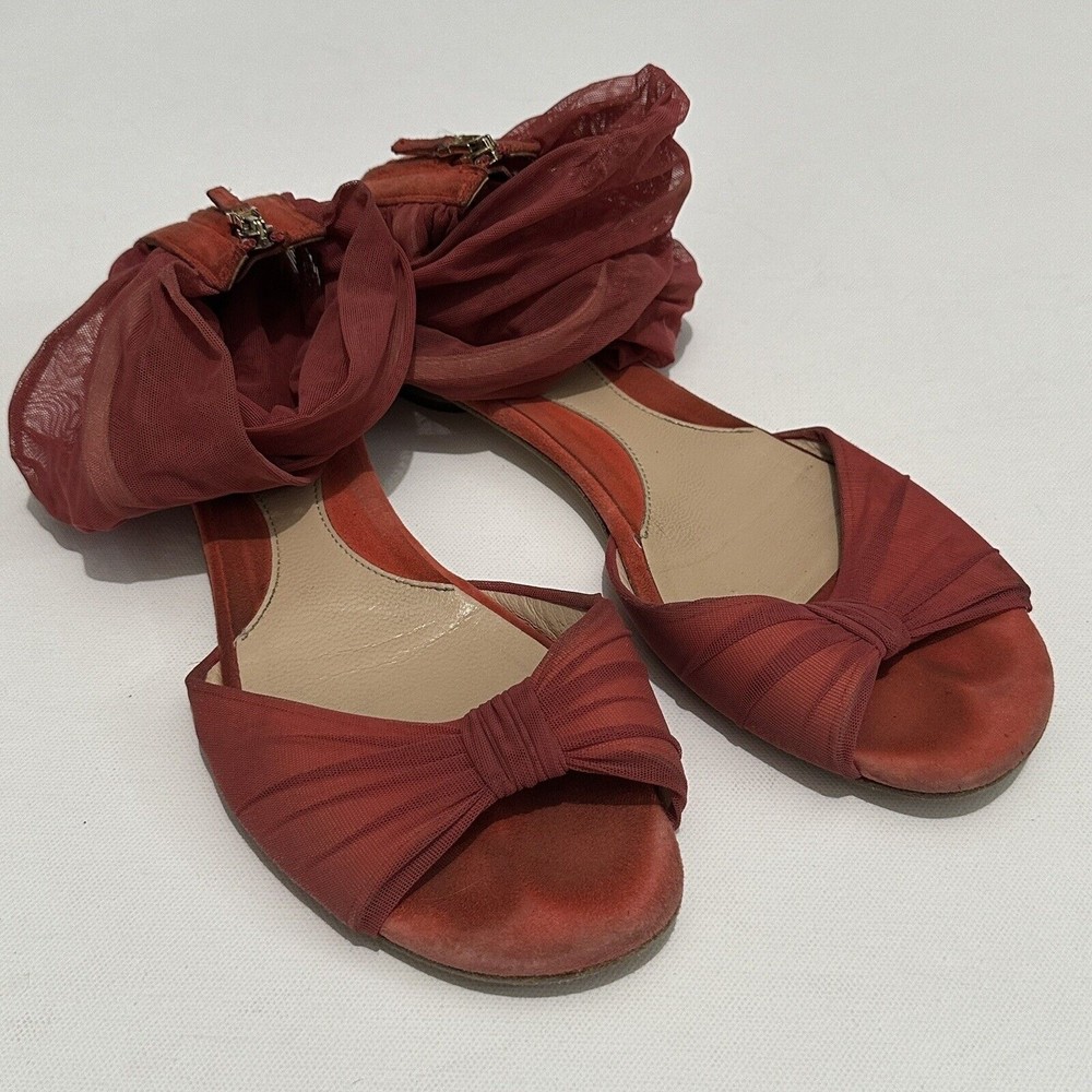 Fendi Coral Orange Suede Mesh Ankle Open Toe Flat Sandals Size 38.5